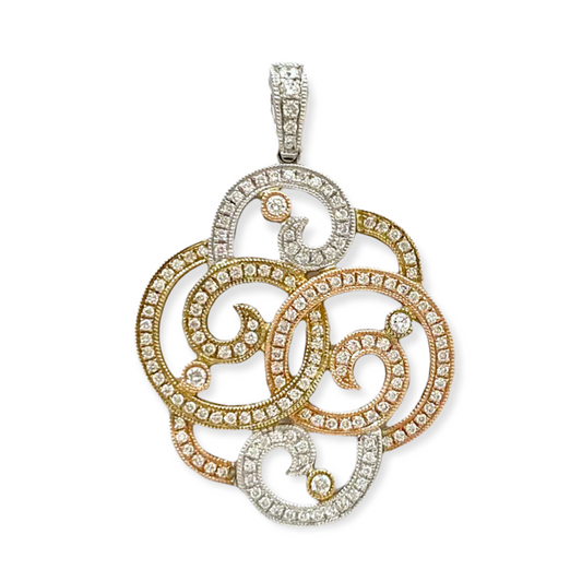 Tri-color gold diamond swirl openwork pendant