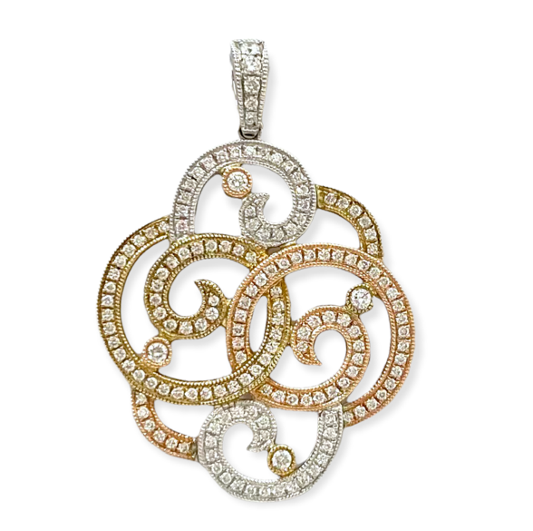 Tri-color gold diamond swirl openwork pendant, alternate view