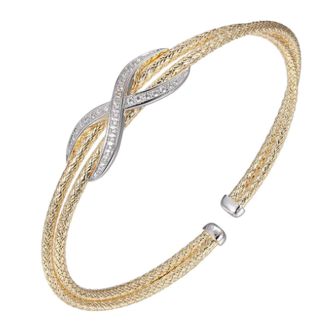 Two-tone gold woven mesh diamond infinity cuff bracelet