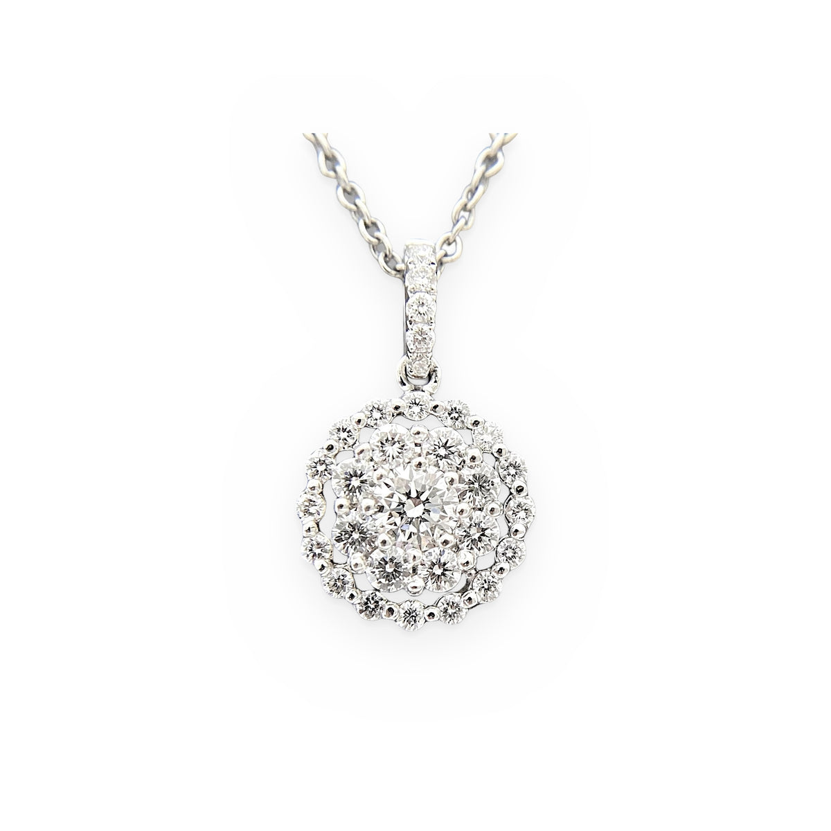 White gold diamond double halo cluster pendant necklace