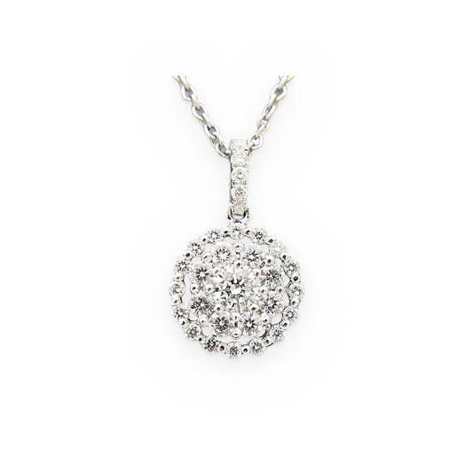 White gold diamond double halo cluster pendant necklace