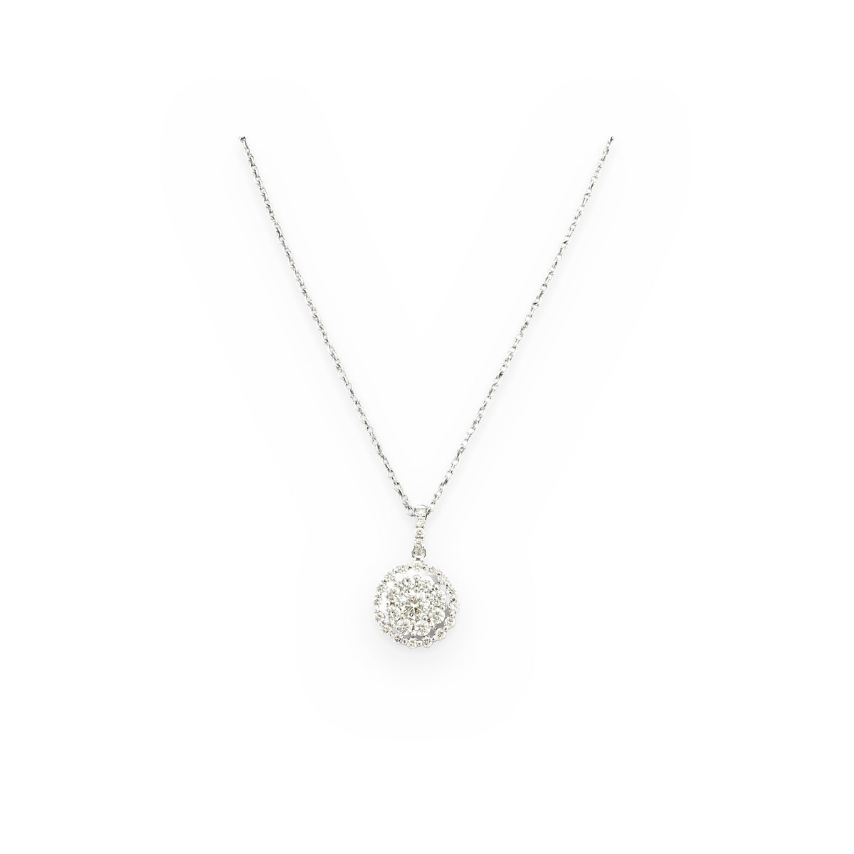 White gold diamond cluster halo pendant on chain, full necklace view