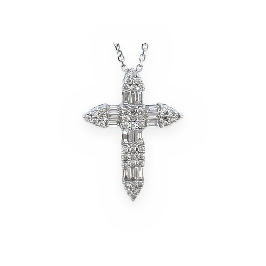 White gold diamond cross pendant with baguette and round diamonds