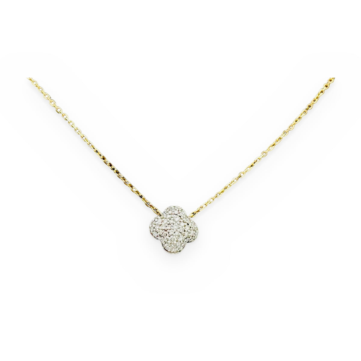 Two-tone gold diamond pave clover pendant necklace