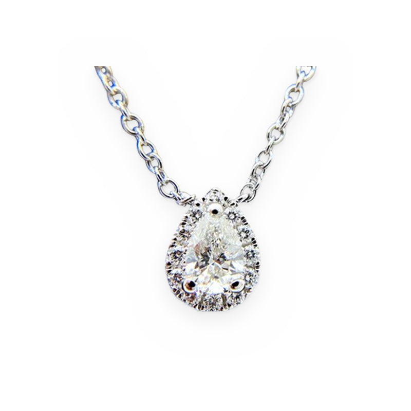 White gold pear-shaped diamond halo pendant necklace