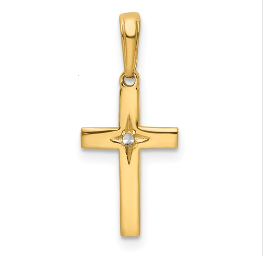 Yellow gold polished cross pendant with single diamond