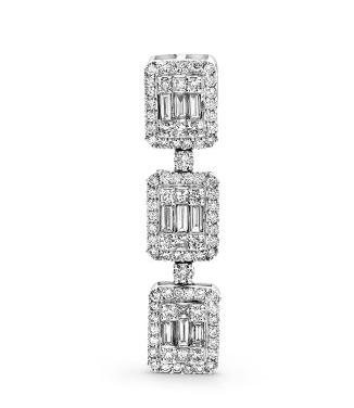 White gold baguette and round diamond three-cluster drop pendant