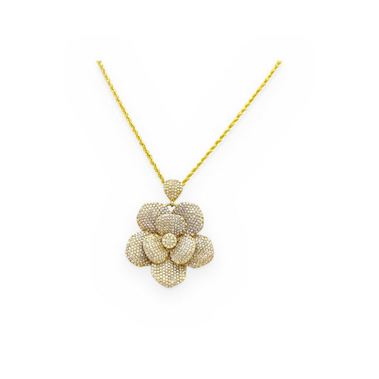 Yellow gold diamond pave flower pendant on rope chain
