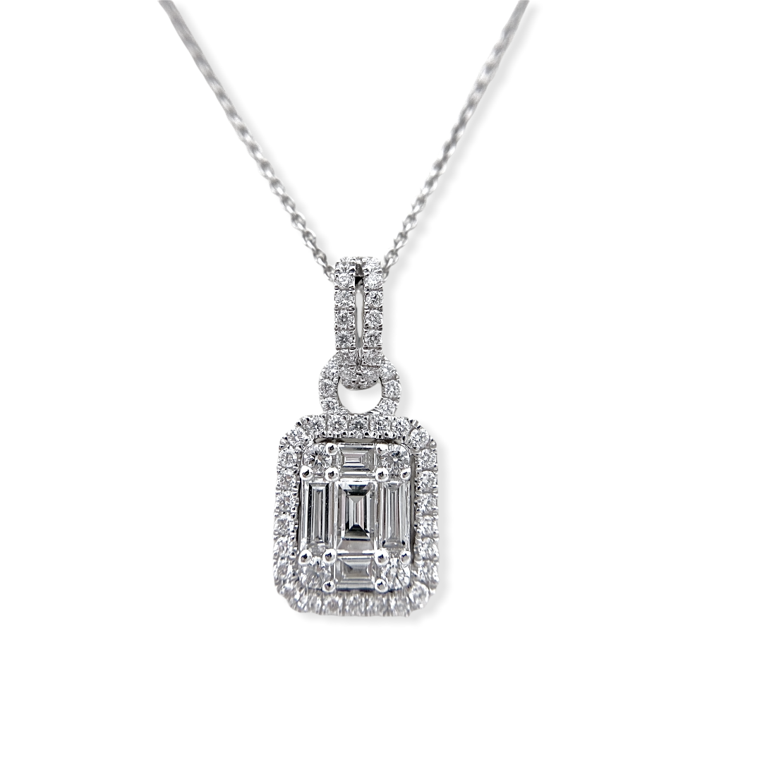White gold emerald-cut illusion diamond halo pendant necklace