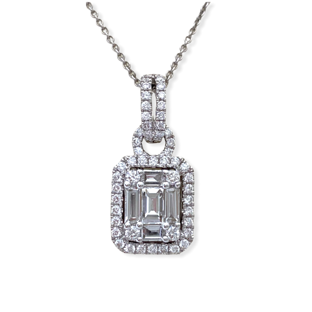 White gold emerald-cut diamond halo pendant, close view