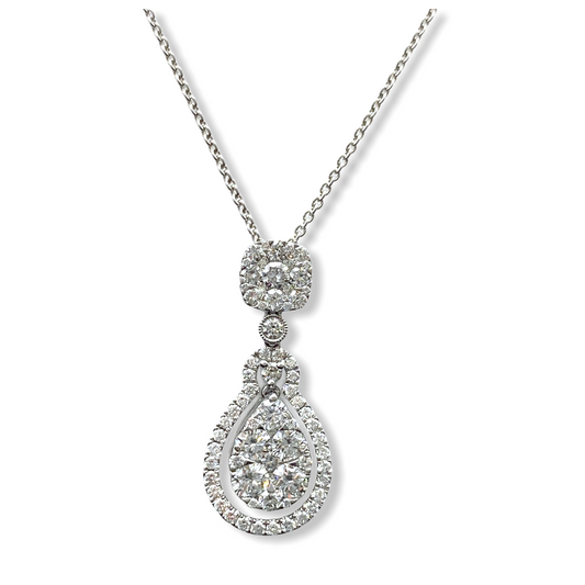 White gold diamond cluster and teardrop halo drop pendant necklace