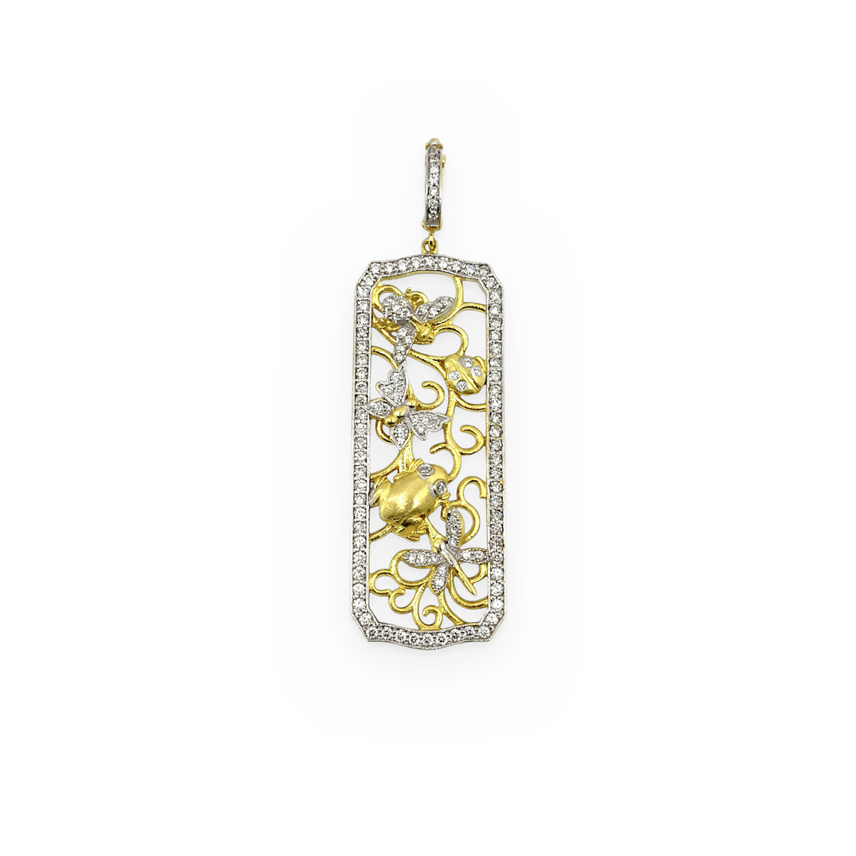 Two-tone 18K gold and diamond openwork panel pendant with butterflies, a ladybug and a frog motif