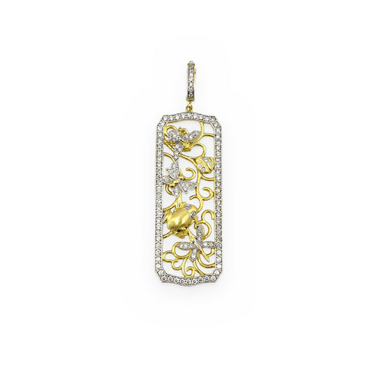 Two-tone 18K gold and diamond openwork panel pendant with butterflies, a ladybug and a frog motif