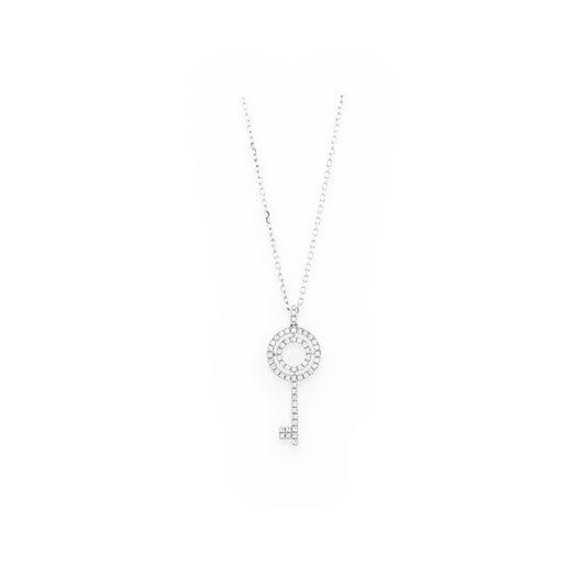 White gold diamond double-circle key pendant on a fine cable chain