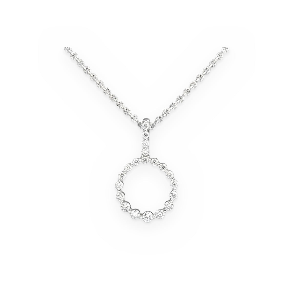White gold open-circle diamond pendant on a cable chain