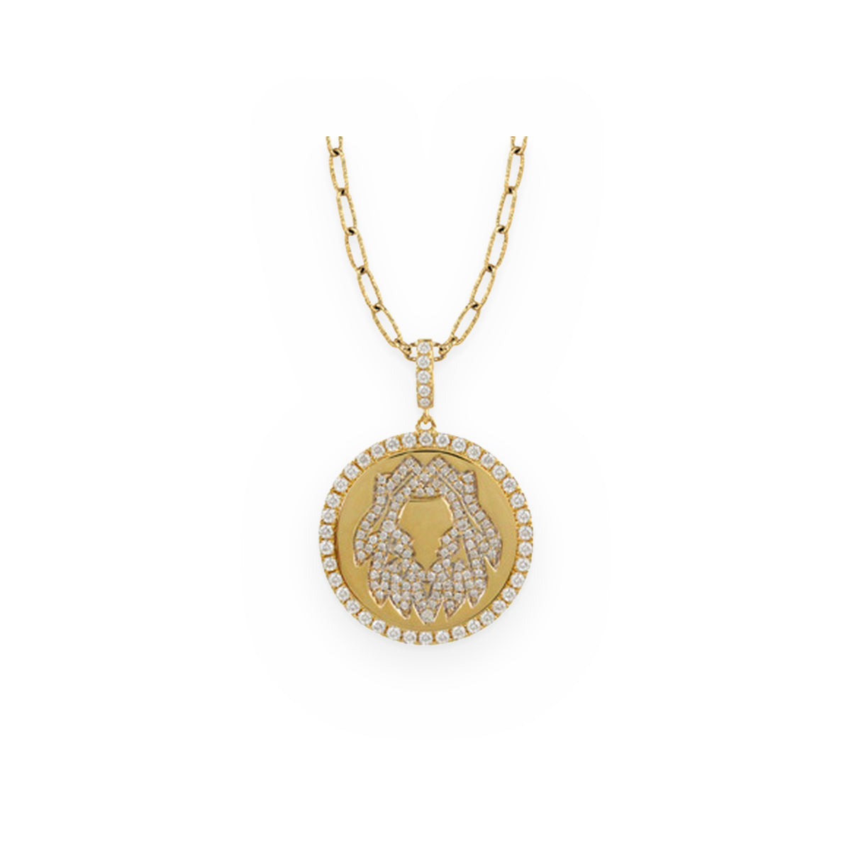 Yellow gold and diamond Leo zodiac medallion pendant on a paperclip chain