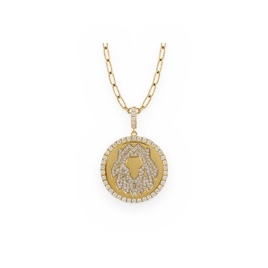 Yellow gold and diamond Leo zodiac medallion pendant on a paperclip chain
