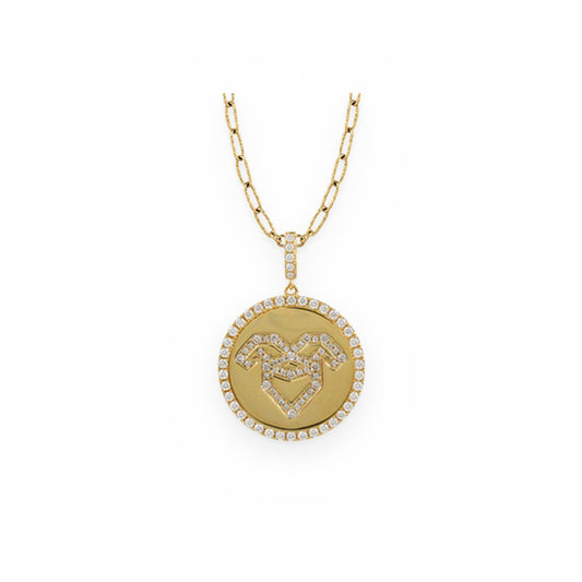 Yellow gold and diamond Aquarius zodiac medallion pendant on a paperclip chain