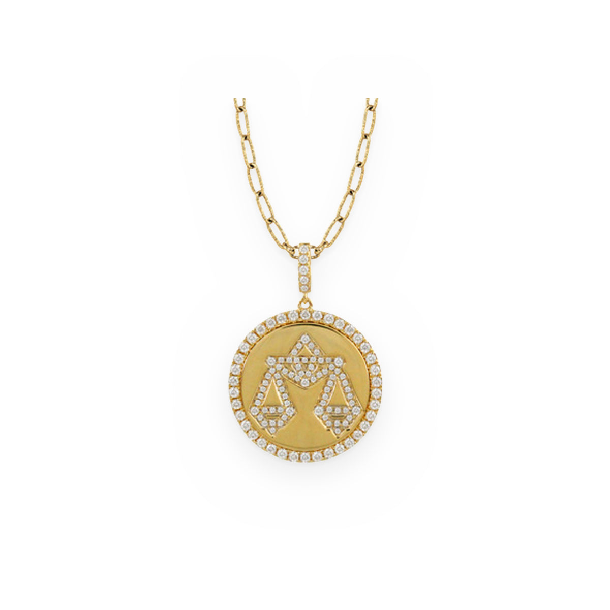 Yellow gold and diamond Libra zodiac medallion pendant on a paperclip chain