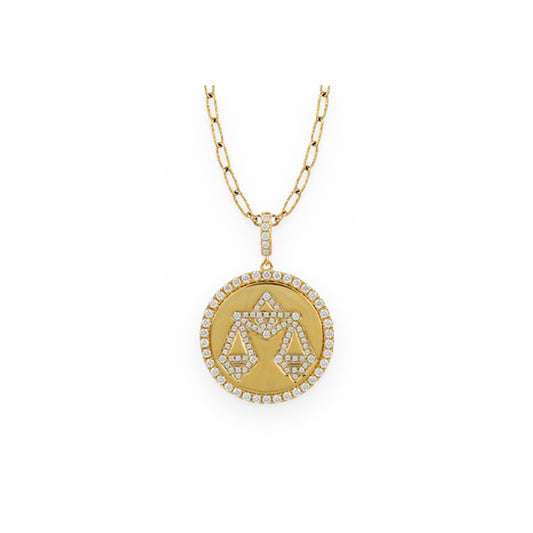 Yellow gold and diamond Libra zodiac medallion pendant on a paperclip chain
