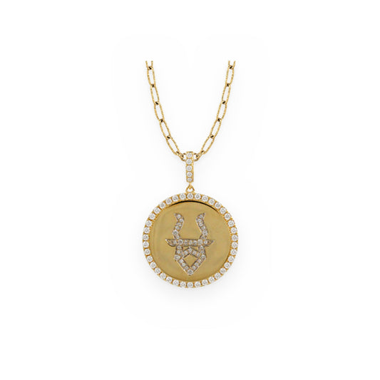 Yellow gold and diamond Taurus zodiac medallion pendant on a paperclip chain