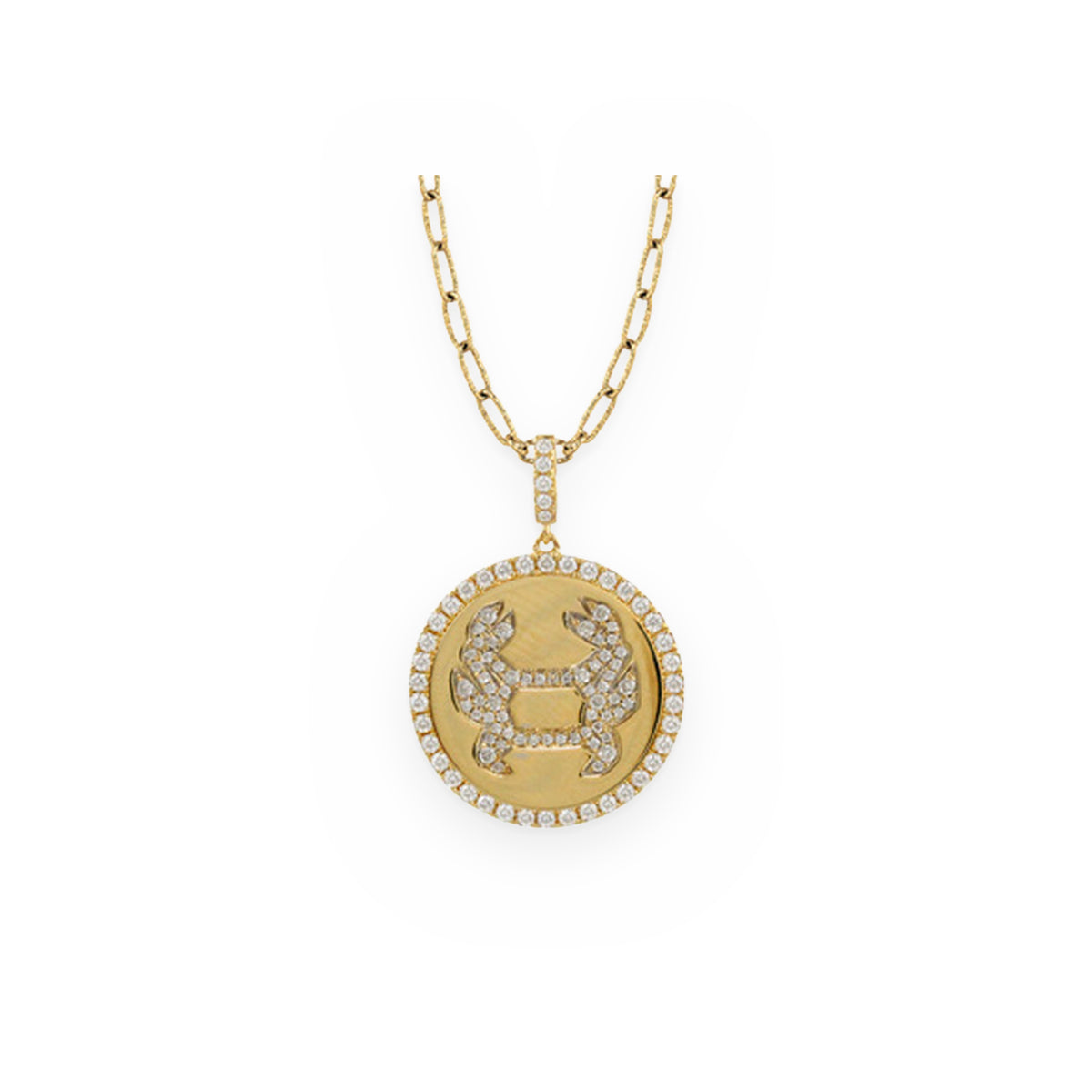 Yellow gold and diamond Scorpio zodiac medallion pendant on a paperclip chain