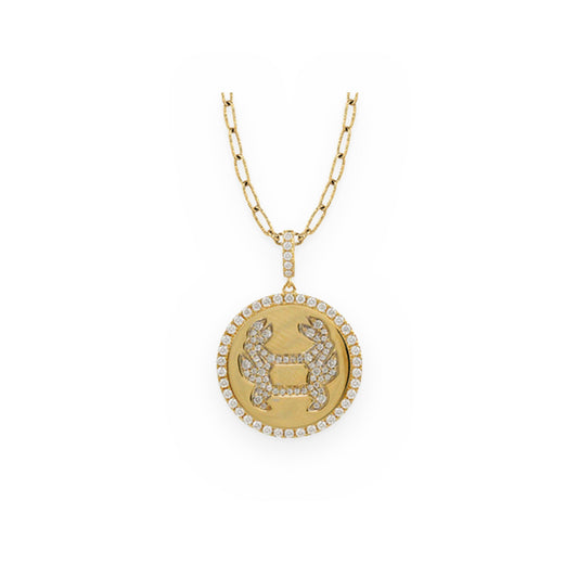 Yellow gold and diamond Scorpio zodiac medallion pendant on a paperclip chain
