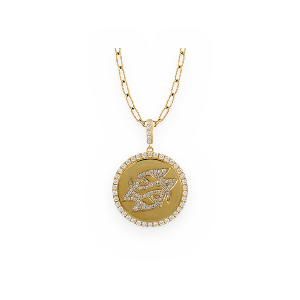 Yellow gold and diamond Pisces zodiac medallion pendant on a paperclip chain