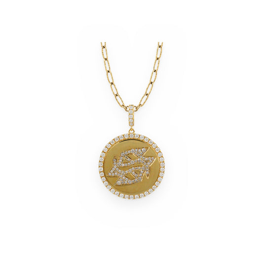 Yellow gold and diamond Pisces zodiac medallion pendant on a paperclip chain
