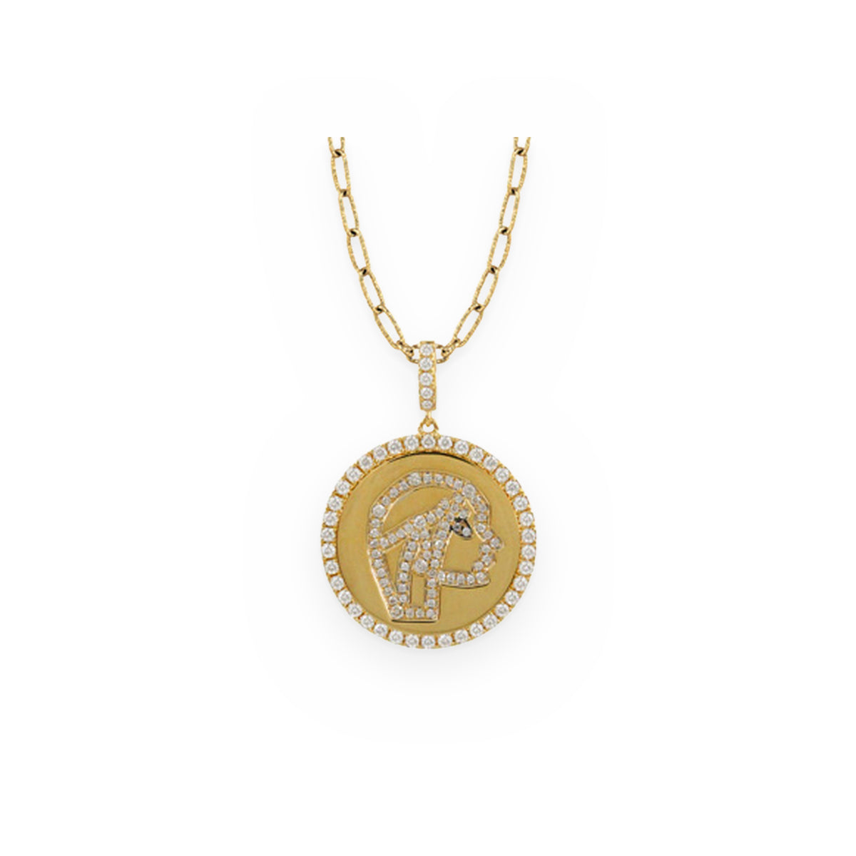 Yellow gold and diamond Aries zodiac medallion pendant on a paperclip chain