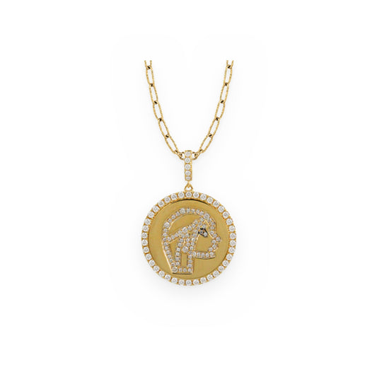 Yellow gold and diamond Aries zodiac medallion pendant on a paperclip chain