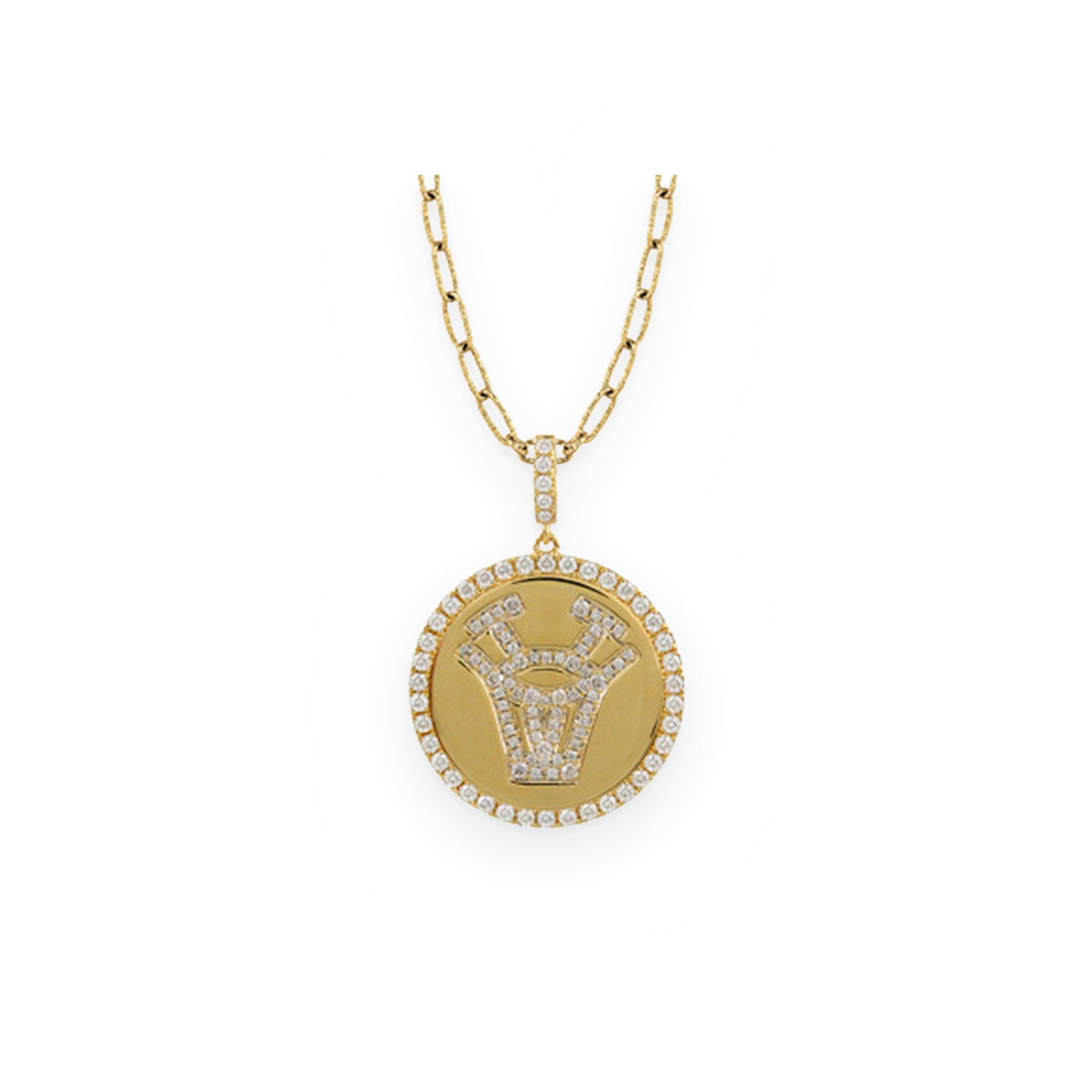 Yellow gold and diamond Sagittarius zodiac medallion pendant on a paperclip chain