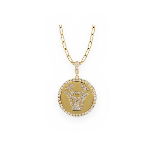 Yellow gold and diamond Sagittarius zodiac medallion pendant on a paperclip chain