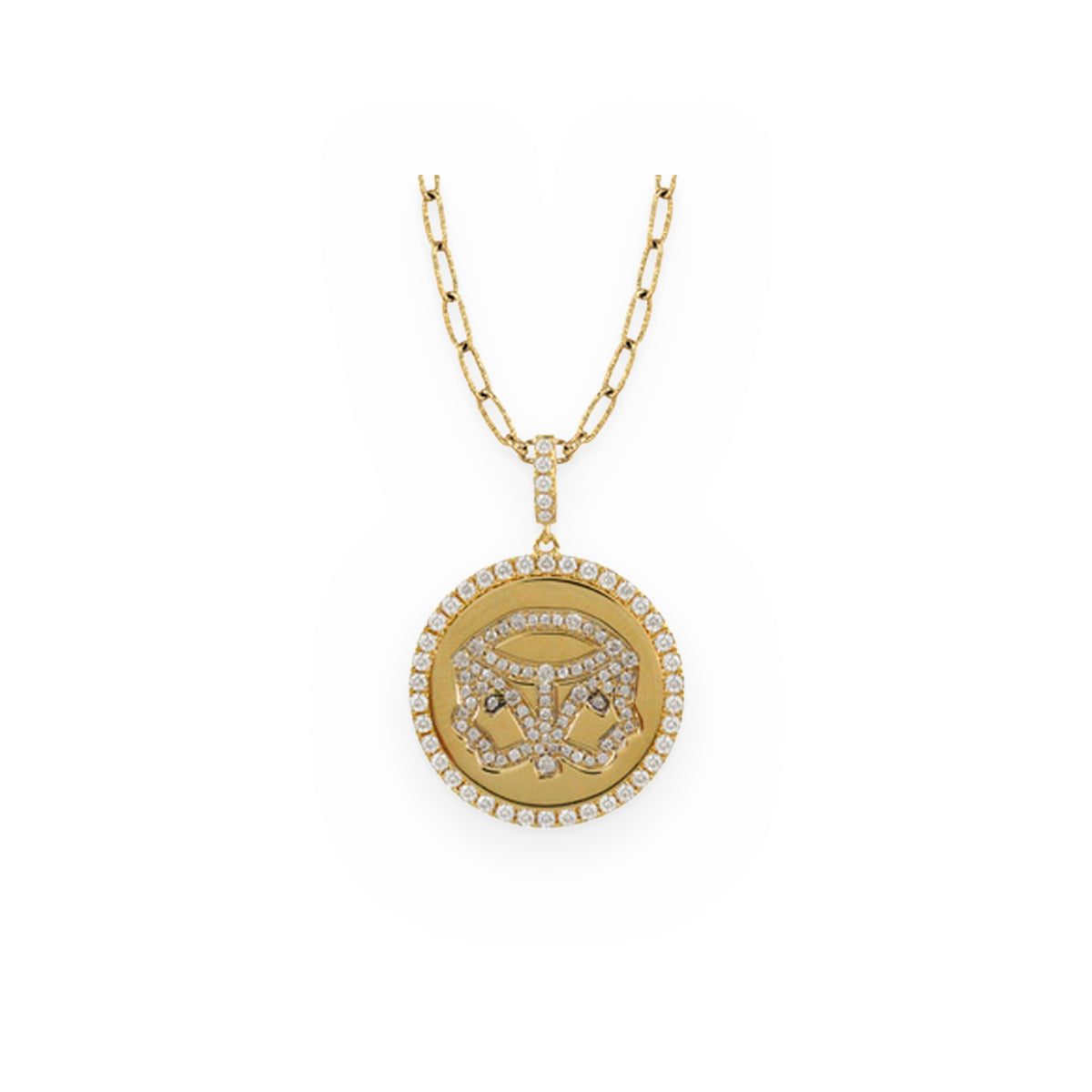 Yellow gold and diamond Gemini zodiac medallion pendant on a paperclip chain
