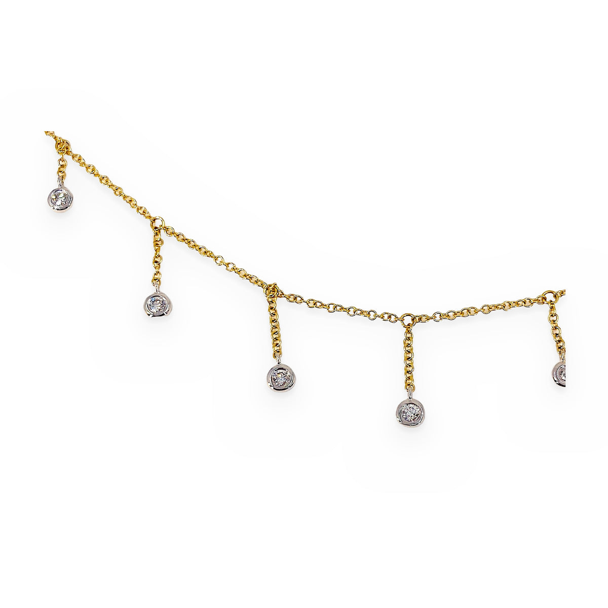 Rose gold diamonds-by-the-yard station necklace coiled on white