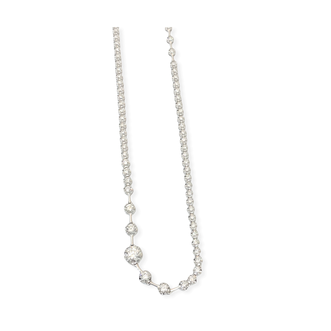 White gold graduated diamond riviera necklace with a large center stone