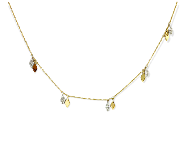 White gold necklace with three pave diamond four-petal flower charms