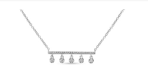 White gold pave diamond bar necklace with five small diamond drops