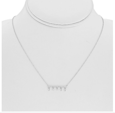 White gold pave diamond bar drop necklace displayed on a white neck form