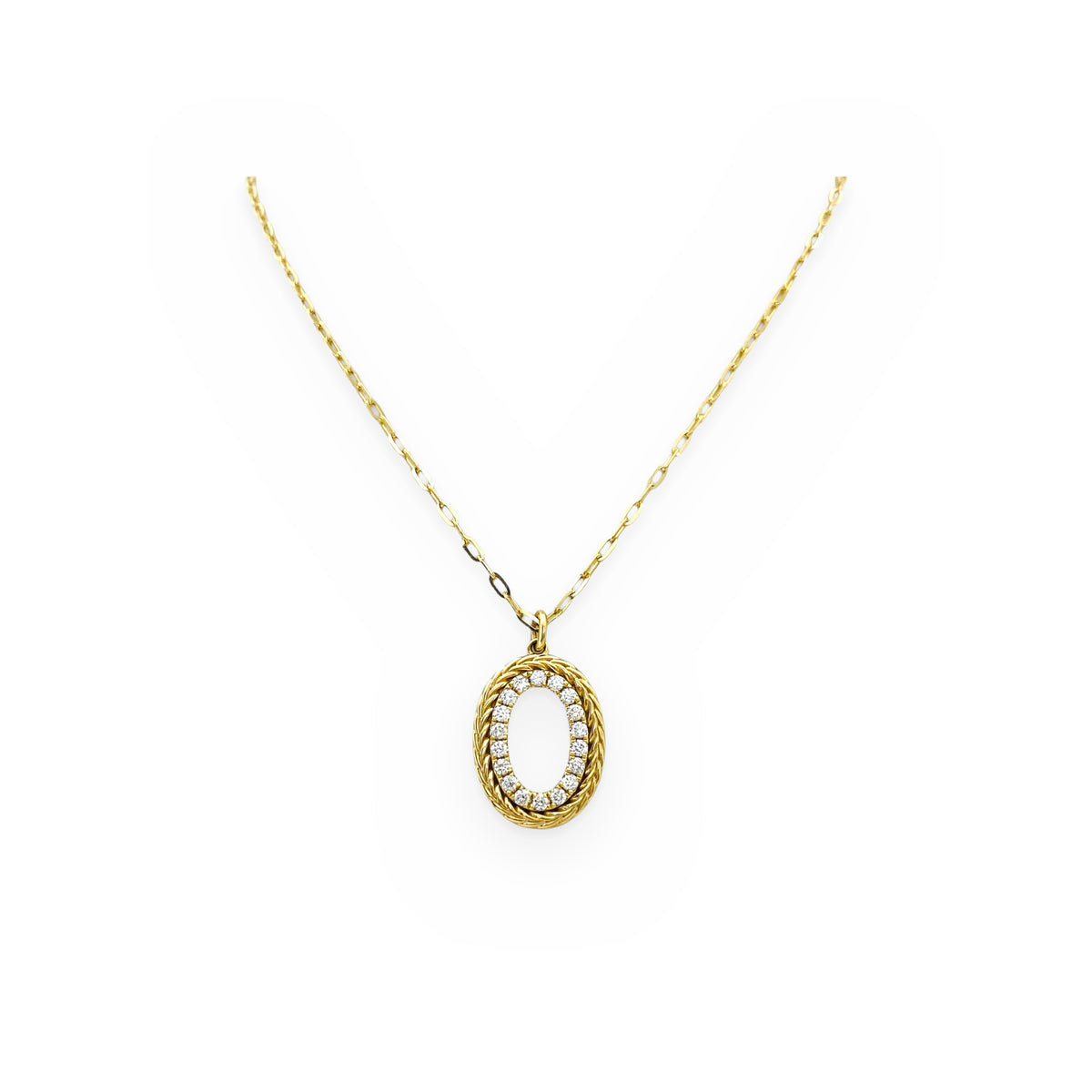 Yellow gold oval pendant with a diamond-set and rope-twist double frame on a cable chain