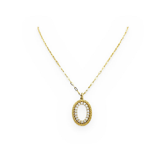 Yellow gold oval pendant with a diamond-set and rope-twist double frame on a cable chain