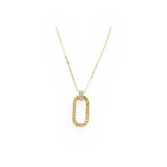 Yellow gold curb-link oval pendant with a pave diamond bail on a paperclip chain