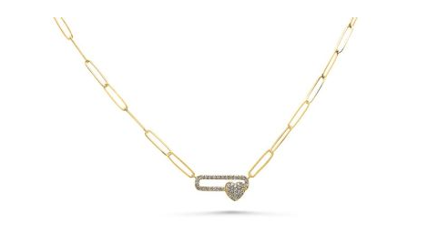 Yellow gold paperclip necklace with a pave diamond safety-pin link and heart