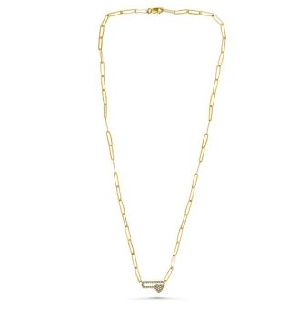 Yellow gold paperclip necklace with pave diamond pin link shown full length