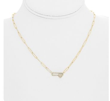 Yellow gold paperclip pin-link necklace displayed on a white neck form