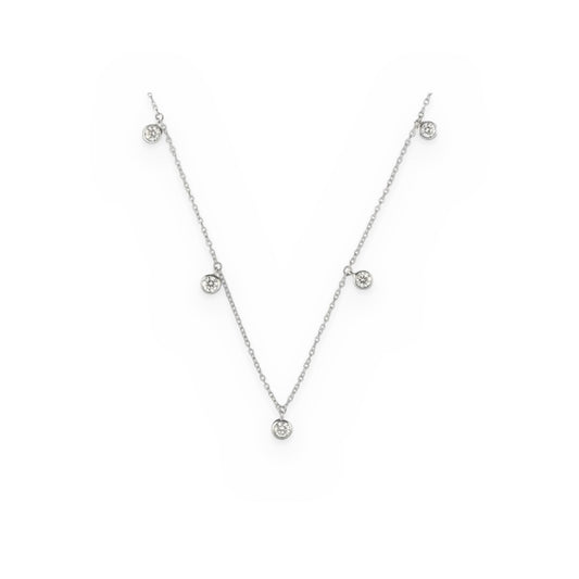 White gold diamond station necklace with five bezel-set round diamond drops
