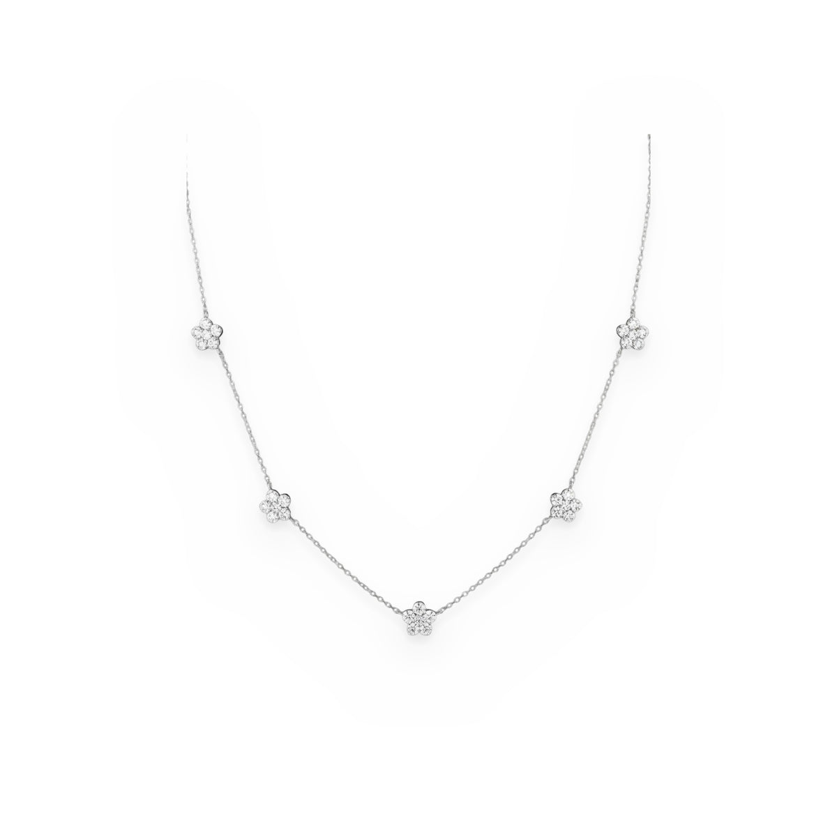 White gold necklace with five pave diamond five-petal flower stations