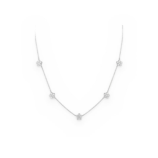 White gold necklace with five pave diamond five-petal flower stations