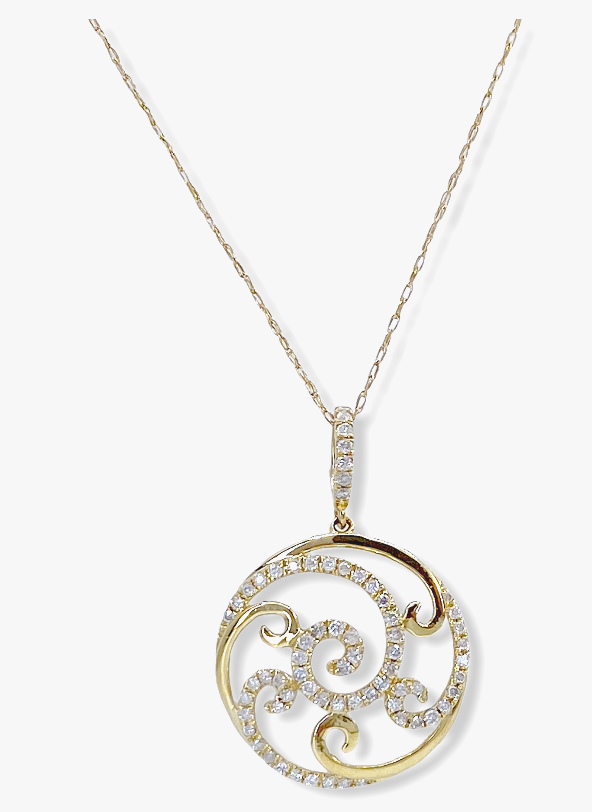 Yellow gold round pave diamond swirl pendant on a fine cable chain