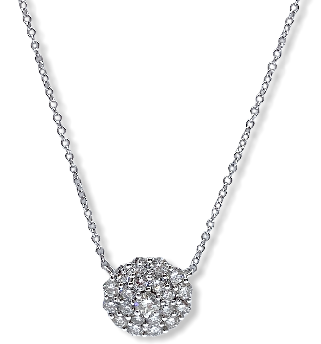 White gold round pave diamond cluster pendant on a cable chain